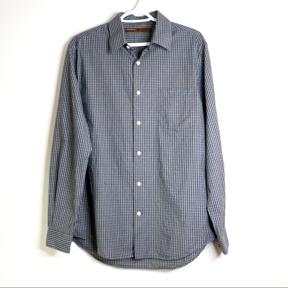 Perry Ellis Men Grey Plaid Button Up Shirt M Long Sleeve 15.75 Inch Blokecore